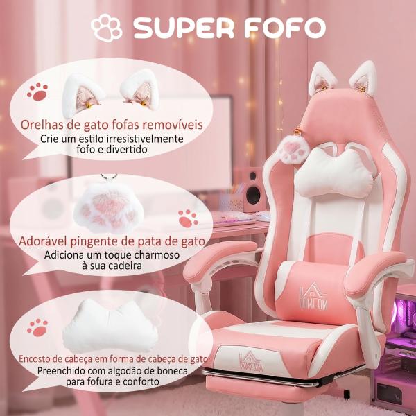 Cadeira Gaming com Orelhas Cadeira Gamer Reclinável com Altura Ajustável e Suporte Lombar 65x62x116 - 124 cm Rosa e Branco