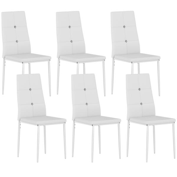 Conjunto de 6 Cadeiras de Sala de Jantar Estofadas em PU Cadeiras de Cozinha com Encosto Alto com Botões 41x50x97 cm Branco