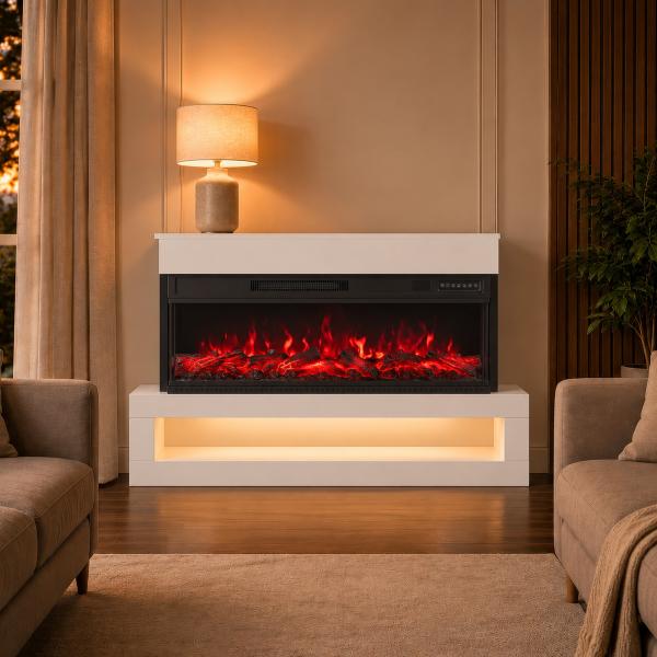 Lareira Elétrica de Parede/Independente 900/1800 W com LED 3 Lados Móvel TV até 55'' 12 Cores de Chama Comando à Distância Branca