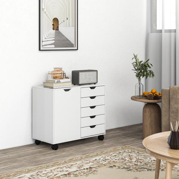Gaveteiro de Escritório com Rodas, 5 Gavetas, Prateleira Ajustável e Suporte para Impressora, 78x40x66,5 cm, Branco