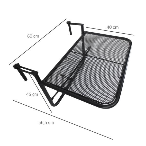 Mesa Suspensa para Varanda com Braço Regulável e Altura Ajustável em 3 Posições Estrutura de Metal 60x56,5x45 cm Preto