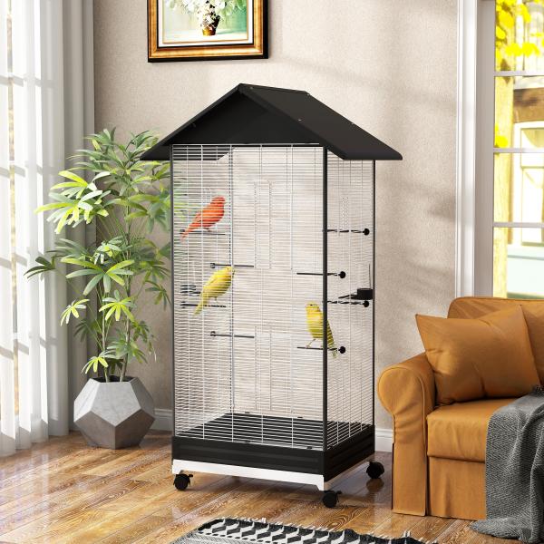 Gaiola para Pássaros Metálica com com Rodas Bandeja Amovível 4 Portas 2 Comedouros e 8 Poleiros 79x65x155 cm Preto