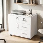 Móvel para Impressora com Rodas, Mesa com Porta e 3 Gavetas, Fechaduras, Prateleira Ajustável, Branco
