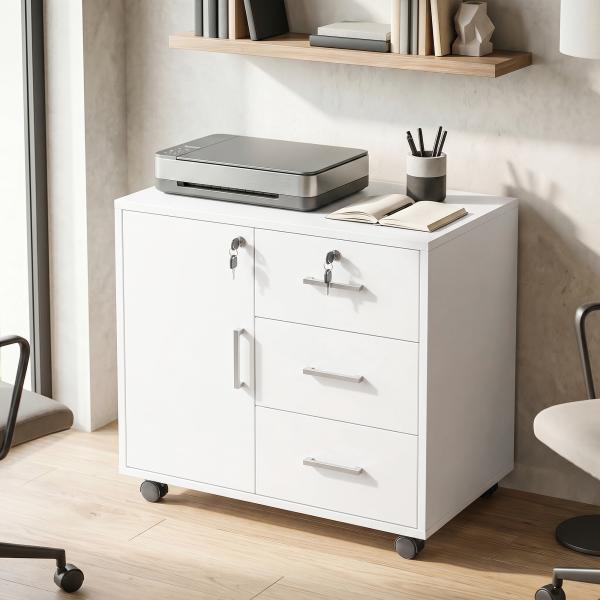 Móvel para Impressora com Rodas, Mesa com Porta e 3 Gavetas, Fechaduras, Prateleira Ajustável, Branco