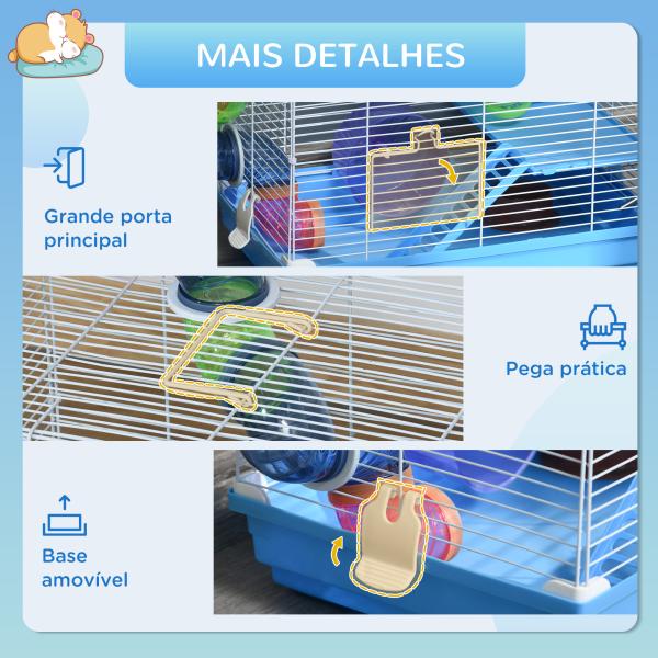 Gaiola para Hamster, Casa para Hamster com Túnel, Comedouro, Bebedouro, Casinha, Rampa, Roda de Exercício, Plataforma e Alça, Bandeja Removível, para Ratos e Gerbos, 46x30x37 cm, Azul