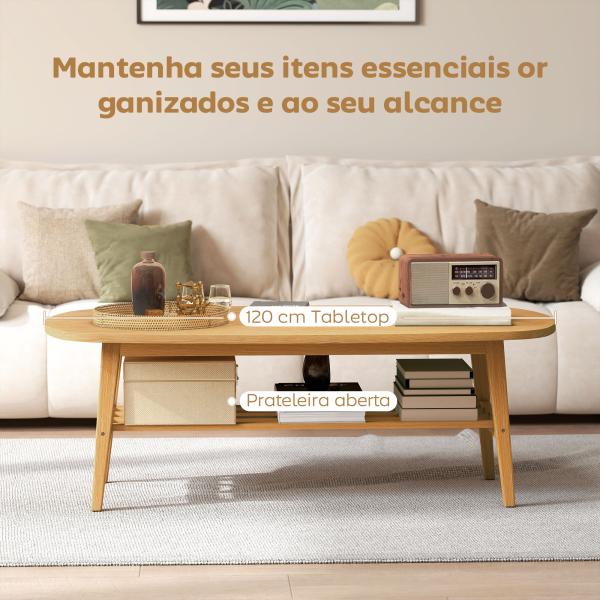 Mesa de Centro de 2 Níveis Moderna com Prateleira Aberta Inferior e Pernas de Madeira de Borracha 120x60x42 cm Madeira
