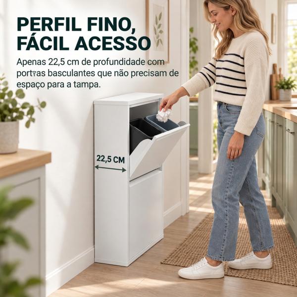 Caixote do Lixo de Reciclagem 4x15 L (60 L), 4 Compartimentos Estreitos em Aço, Fecho Suave, Branco