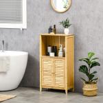 Armário Auxiliar Casa de Banho de Bambu com 2 Portas Compartimento Aberto e Prateleira Ajustável 50x25,5x92 cm Madeira