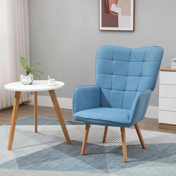 Poltrona de Sala de Estar Moderna Poltrona com Encosto Alto Apoio para os Braços Tecido de Linho e Pés de Madeira de Faia para Sala de Jantar Cozinha 71x76x101cm Azul