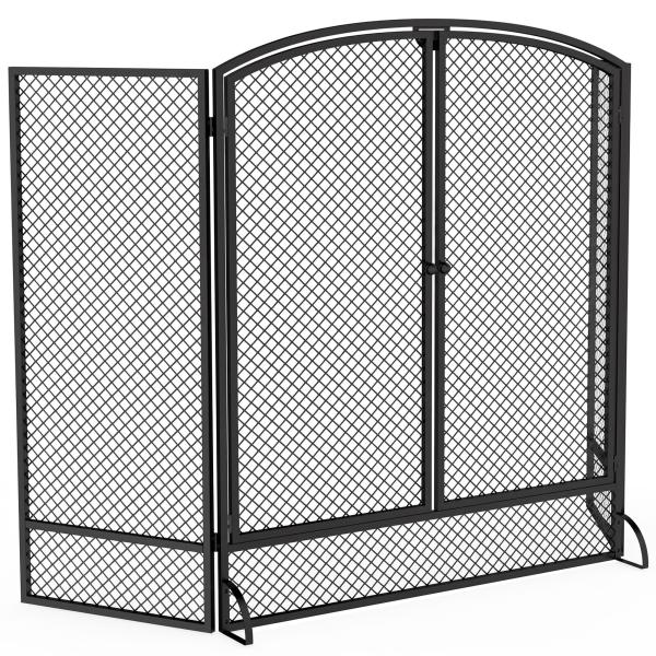 Proteção para Lareira Dobrável em Metal com 3 Painéis e Porta Dupla para Casa 122x75 cm Preto