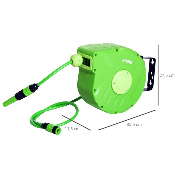 Carrete para Mangueira 10m+1m Enrolador de Mangueira Montado na Parede Enrolador Automático 180º Giratório 35,5x11,x5x27,5cm Verde