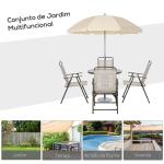 Conjunto de Jardim Refeição 6 Peças com 4 Cadeiras Dobráveis Mesa com Bancada de Vidro e Chapéu de Sol Bege