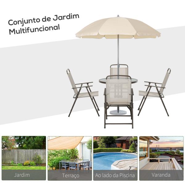 Conjunto de Jardim Refeição 6 Peças com 4 Cadeiras Dobráveis Mesa com Bancada de Vidro e Chapéu de Sol Bege