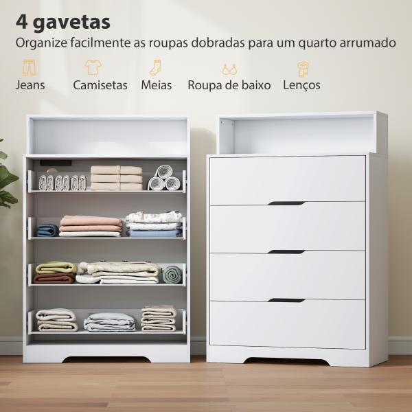 Cómoda com 4 Gavetas e Estação de Carregamento com Porta USB Porta USB - C Prateleira Aberta 80x40x120 cm Branco