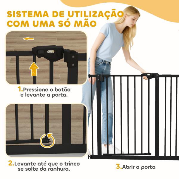 Barreira de Segurança de Cães para Escadas e Portas 74 - 94 cm com 1 Extensão Fechamento Automático e Sistema de Duplo Bloqueio Aço Preto