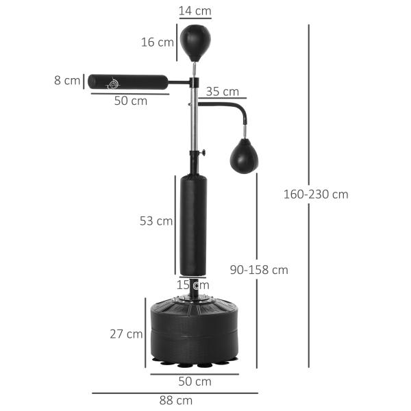 Punching Ball de Boxe com Altura Ajustável com 2 Bolas de Velocidade Barra Giratória 360° e Base Preenchida 88x50x160 - 230cm Preto
