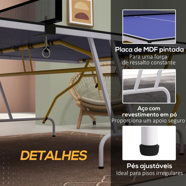 Mesa de Ping - Pong Dobrável com Rede Apoio para os Pés Ajustáveis e Estrutura de Aço para Interior e Exterior 274x152,5x76 cm Azul