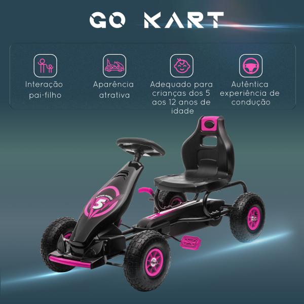 Kart a Pedais para Crianças 5 - 12 Anos com Assento Ajustável Pneus Insufláveis Amortecimento e Travão de Mão 121x58x61 cm Rosa