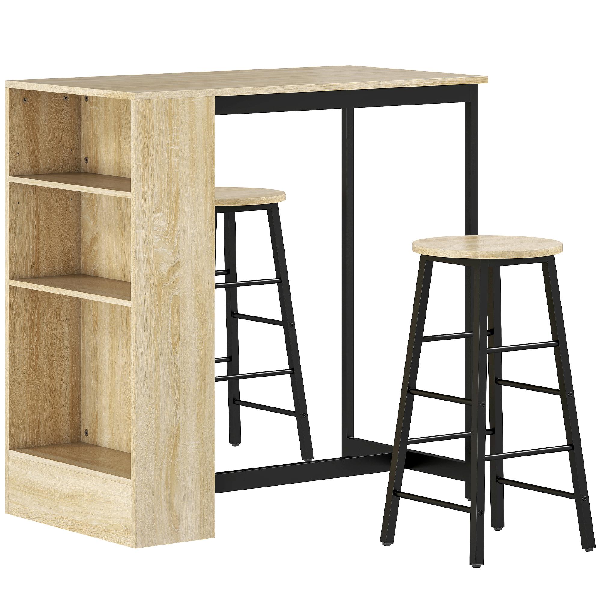 Conjunto Mesa Alta com 2 Bancos Apoios para os Pés 3 Compartimentos Prateleira Ajustável para Cozinha Carvalho