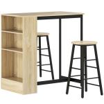 Conjunto Mesa Alta com 2 Bancos Apoios para os Pés 3 Compartimentos Prateleira Ajustável para Cozinha Carvalho
