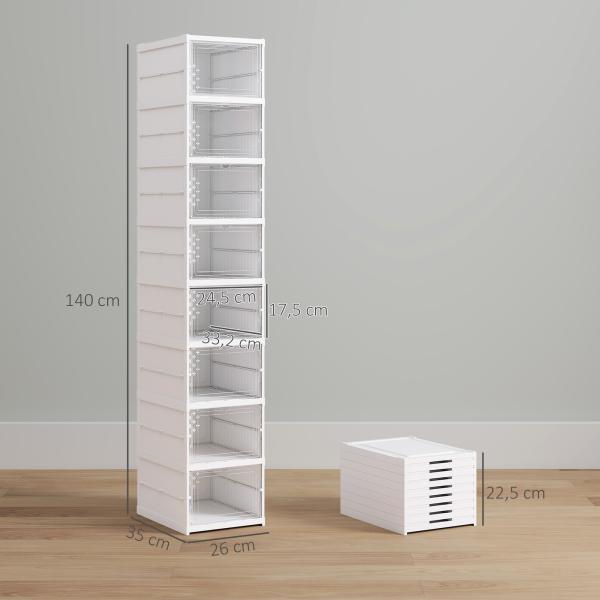 Sapateira Dobrável Organizador para Sapatos de 8 Níveis com Portas Transparentes para Sapatos até Tamanho 43 26x35x140 cm Branco