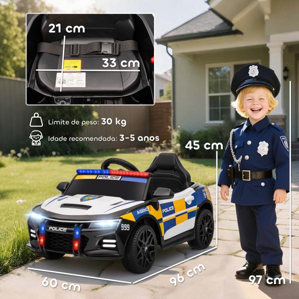 Carro Elétrico Infantil Modelo Policial 12V com Comando a Distância 2,4 Luzes Sirene Música USB e Suspensão 96x60x45 cm Multicor