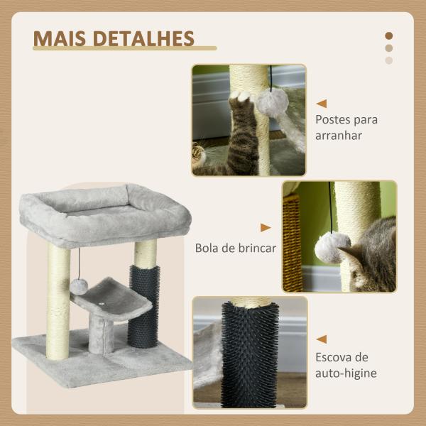 Arranhador para Gatos com 2 Postes de Arranhar Cama Plataforma em U e Escova Bola Suspensa 40x40x48 cm Cinza