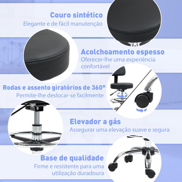 Banco Giratório com Rodas e Encosto Apoio para Pés Altura Ajustável Estofado em Couro Sintético 52x52x78 - 92 cm Preto