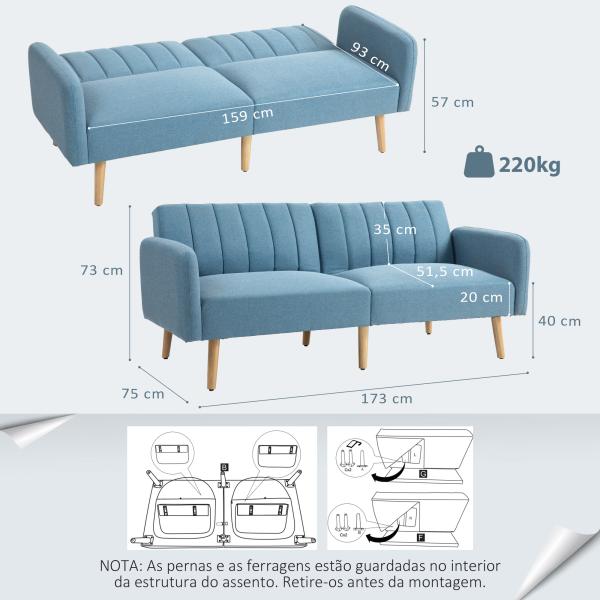 Sofá Cama de 2 Lugares com Encosto Ajustável em 3 Posições Apoio para os Braços e Pés de Madeira 173x75x73 cm Azul Claro