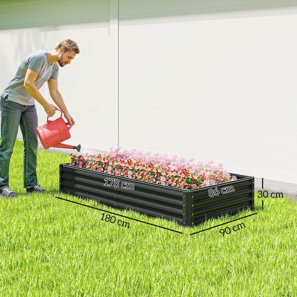 Caixa de Plantio de Aço Galvanizado para Cultivar Plantas Flores Floreira Grande de Exterior Retangular com Fundo Aberto 180x90x30 cm Cinzento Escuro