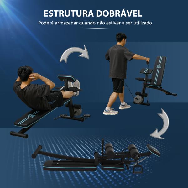 Banco de Musculação com Encosto Ajustável em 7 Posições Extensão de Pernas e Banda de Resistência 54x160x106cm Preto e Azul