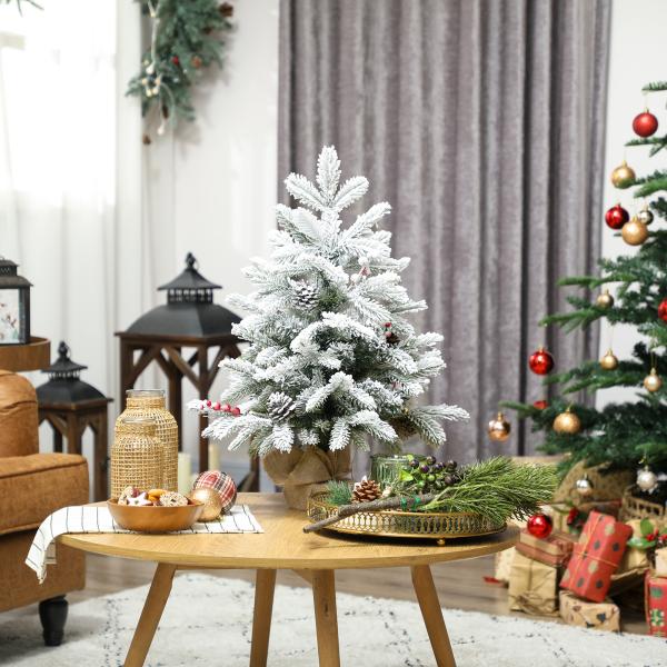 Mini Árvore de Natal Artificial com 35 Luzes LED 182 Ramos com Neve Pinhas Bagas e Base de Saco de Juta Ø48x60 cm Verde