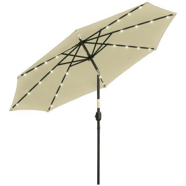 Chapéu de Sol Exterior para Terraço, Ø265 cm, Guarda - sol de Jardim com 32 Luzes LED Solares, Poste de Aço e Manivela de Guarda - sol Inclinável, para Pátio, Terraço, Bege