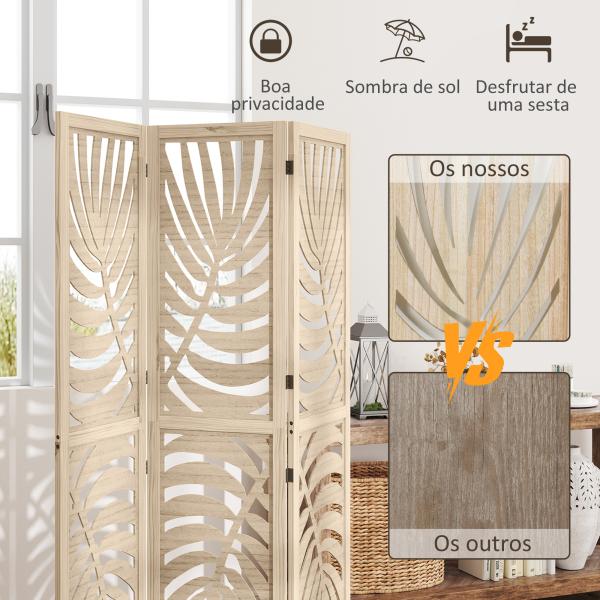 Biombo de 3 Painéis Separador de Ambientes Dobrável 120x170 cm com Estampado de Folhas de Palmeira Tropical Madeira