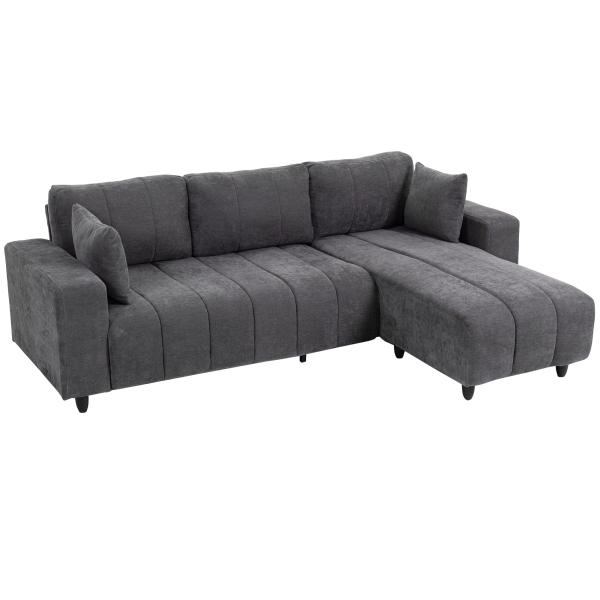 Sofá Chaise Longue Reversível 3 Lugares com 2 Almofadas Estofado em Linho e Estrutura em Aço 242x156x87 cm Cinzento Escuro