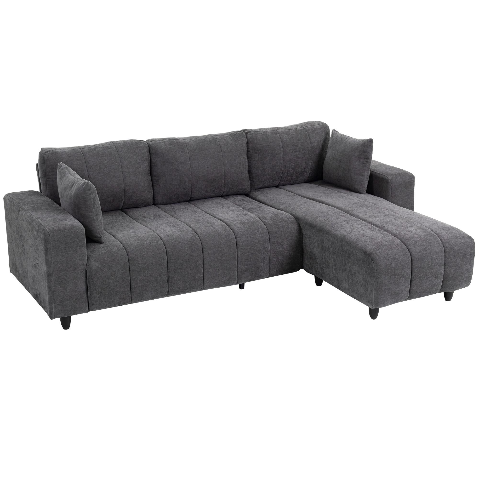 Sofá Chaise Longue Reversível 3 Lugares com 2 Almofadas Estofado em Linho e Estrutura em Aço 242x156x87 cm Cinzento Escuro