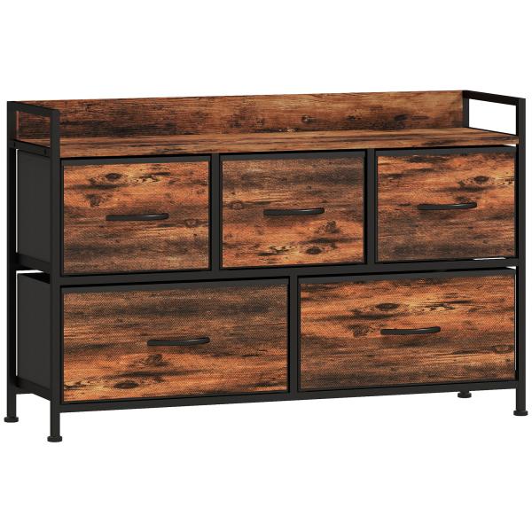 Cómoda com 5 Gavetas de Tecido Cómoda de Estilo Industrial com Estrutura Metálica para Quarto 98x29x63 cm Castanho Rústico