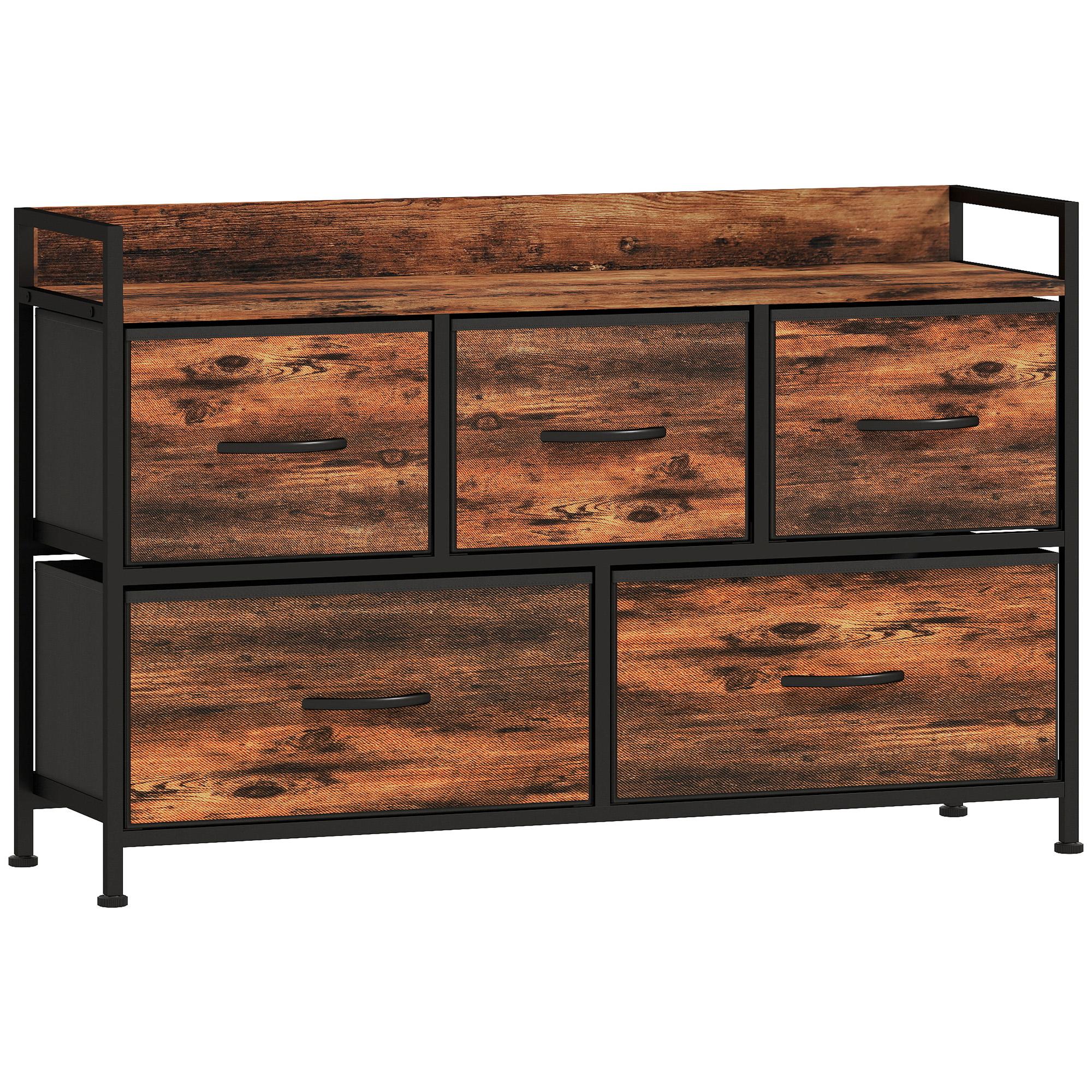 Cómoda com 5 Gavetas de Tecido Cómoda de Estilo Industrial com Estrutura Metálica para Quarto 98x29x63 cm Castanho Rústico