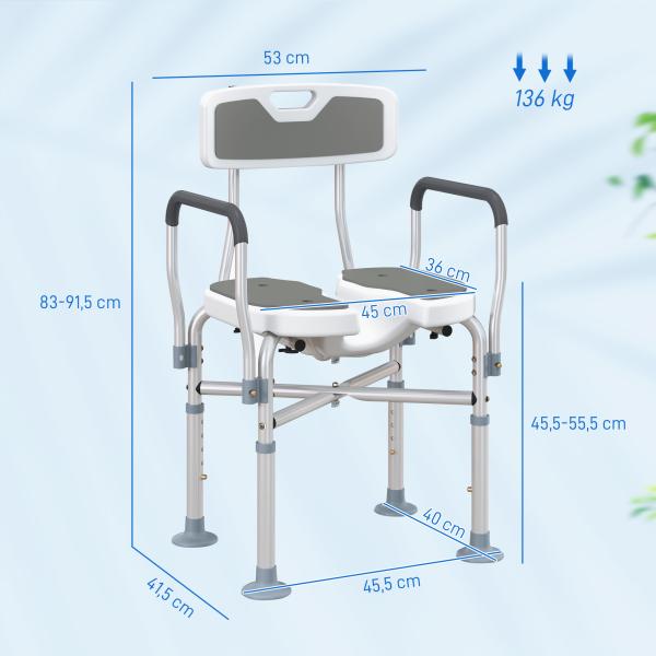 Cadeira de Duche com Abertura em U, Altura Regulável, Antiderrapante, com Encosto e Apoios de Braços, até 136 kg, Cinzento