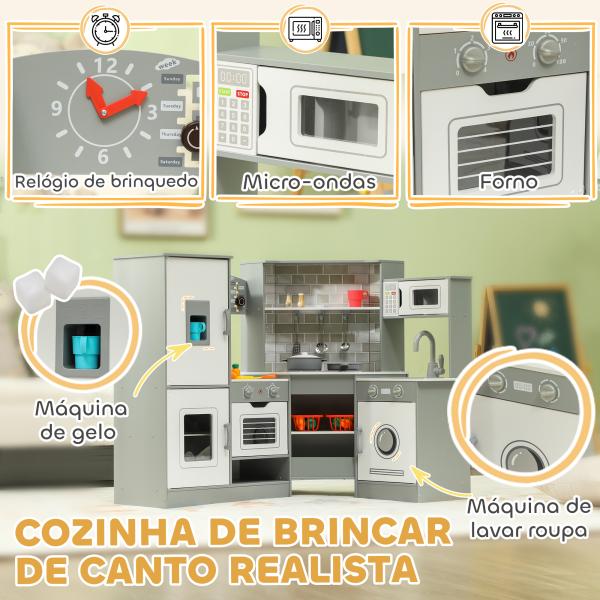 Cozinha de Madeira para Crianças com Sons Forno Lavatório Micro - Ondas Máquina de Gelo e Acessórios 110x80x91 cm Cinza