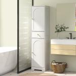 Coluna Casa de Banho com 2 Portas Arqueadas Gaveta e Prateleiras Ajustáveis Armário Alto Casa de Banho 40x29,5x170 cm Branco com Veios