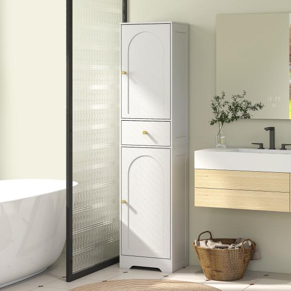 Coluna Casa de Banho com 2 Portas Arqueadas Gaveta e Prateleiras Ajustáveis Armário Alto Casa de Banho 40x29,5x170 cm Branco com Veios