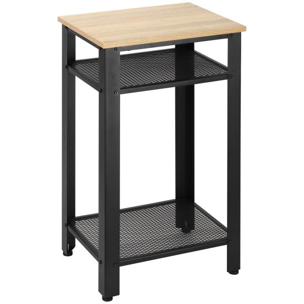 Mesa de Apoio Estilo Industrial com 2 Prateleiras de Grade de Metal e Pés Ajustáveis 45x35x75cm Carvalho e Branco