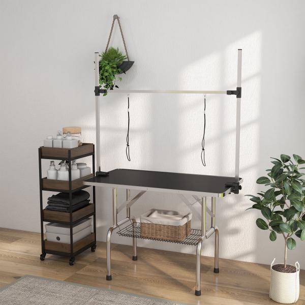 Mesa de Tosquia para Cães Dobrável com Prateleira de Armazenamento e Altura Ajustável 20 - 80 cm 107x60x170 cm Preto