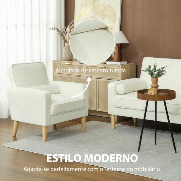 Poltrona Sala de Estar Estofada em Veludo Poltrona de Leitura com Assento com Botões e Pés de Madeira 76x79x82 cm Creme