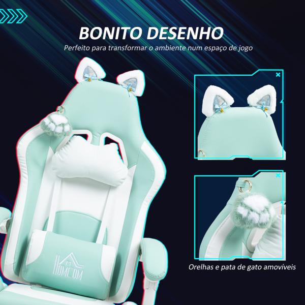 Cadeira Gaming com Orelhas Cadeira Gamer Reclinável com Altura Ajustável e Suporte Lombar 65x62x116 - 124 cm Azul Claro