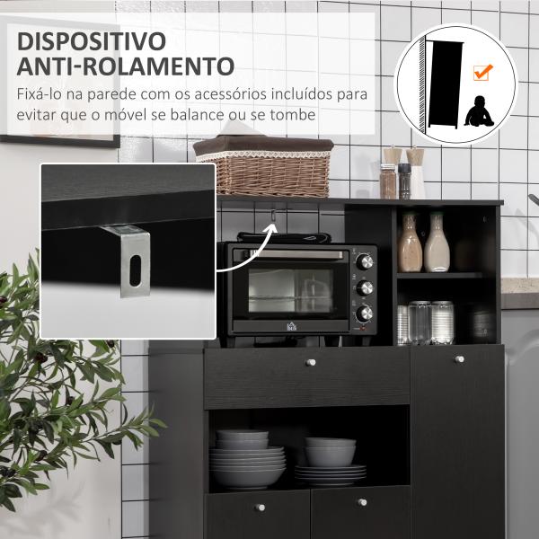 Aparador Auxiliar para Microondas Buffet de Cozinha com 2 Armários com Portas 1 Gaveta e Prateleiras 90x40x120 cm Preto