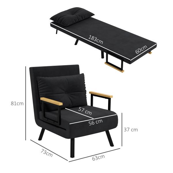 Poltrona Convertível em Cama Poltrona 3 em 1 Convertível em Cama com Encosto Ajustável em 5 Níveis 63x73x81 cm Preto