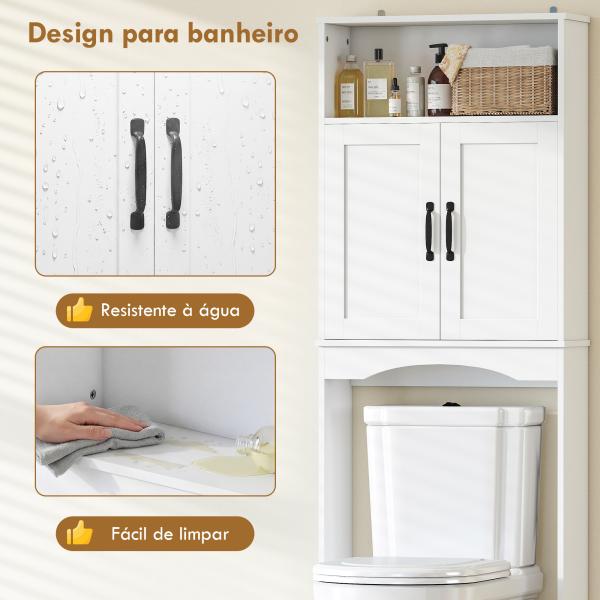 Armário sobre a Sanita, Móvel de Casa de Banho com 2 Portas de Fecho Suave e Prateleira Aberta, 64 x 21 x 173,5 cm, Branco