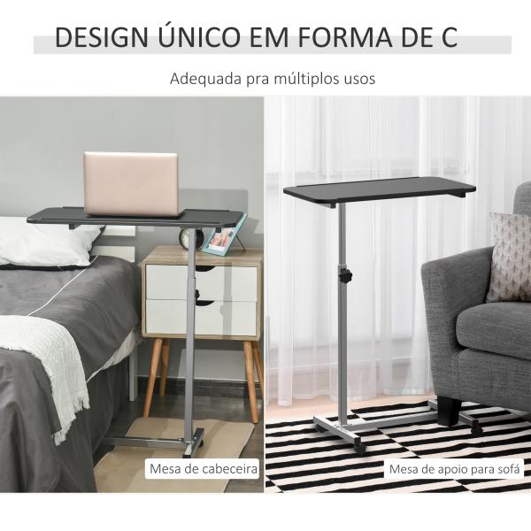 Mesa Auxiliar com Rodas Mesa para Sofá ou Cama com Altura Ajustável e Estrutura de Metal 77x40x76 - 100 cm Preto e Prata